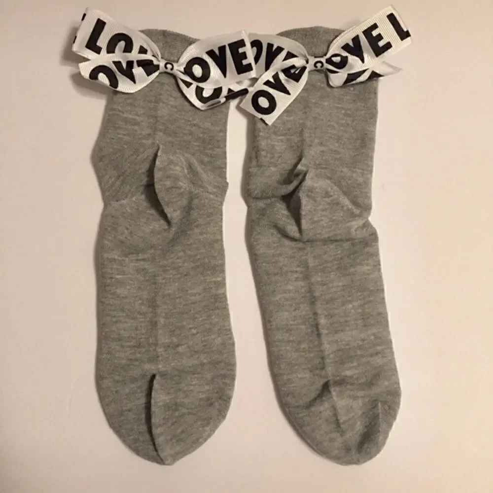Women's Gray LOVE Bow Ankle Socks Coquette Ribbon Cotton Blend One Size